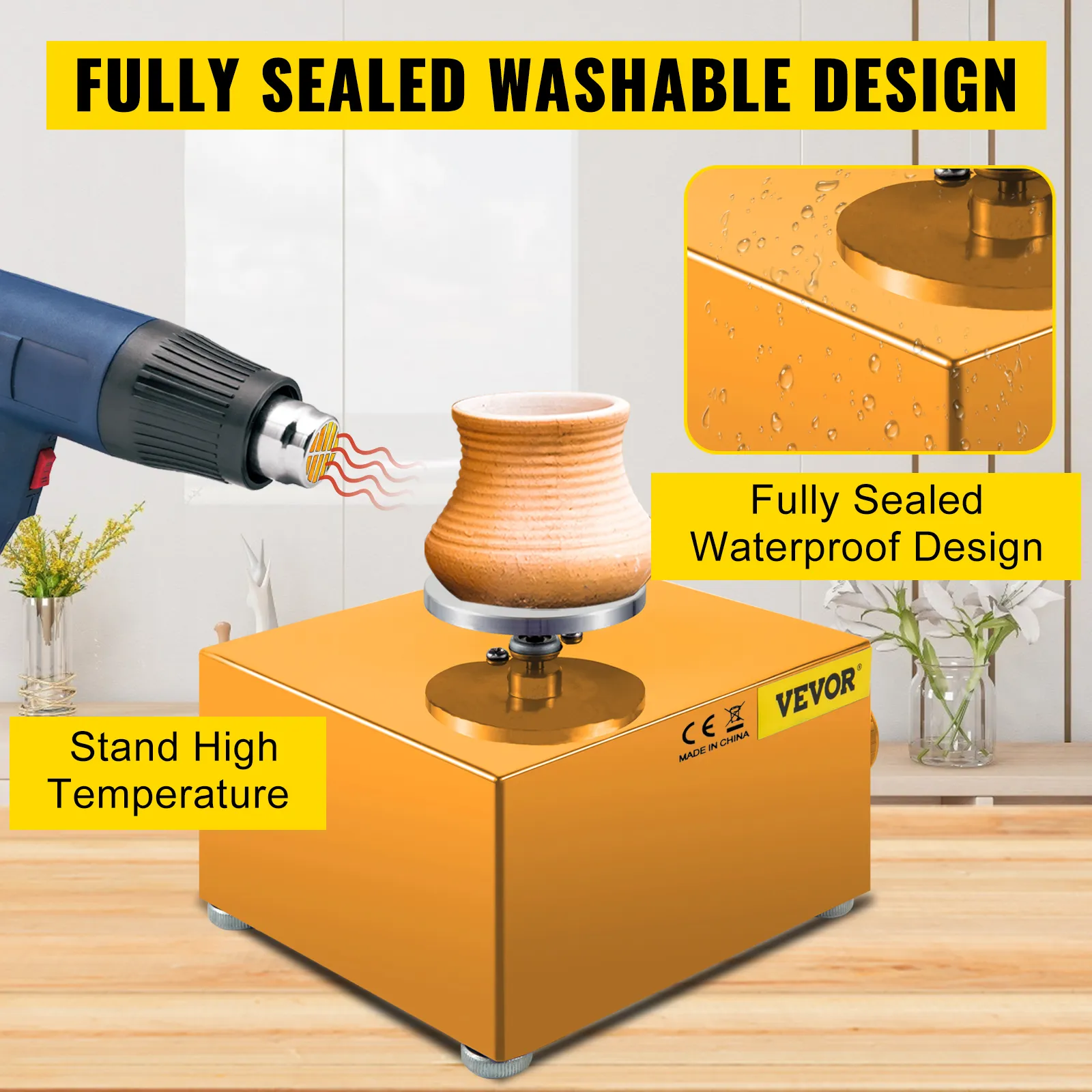 Mini torno de alfarero VEVOR con diseño impermeable, lavable y totalmente sellado.