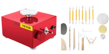 red VEVOR mini pottery wheel with pottery tools á set against a white background.