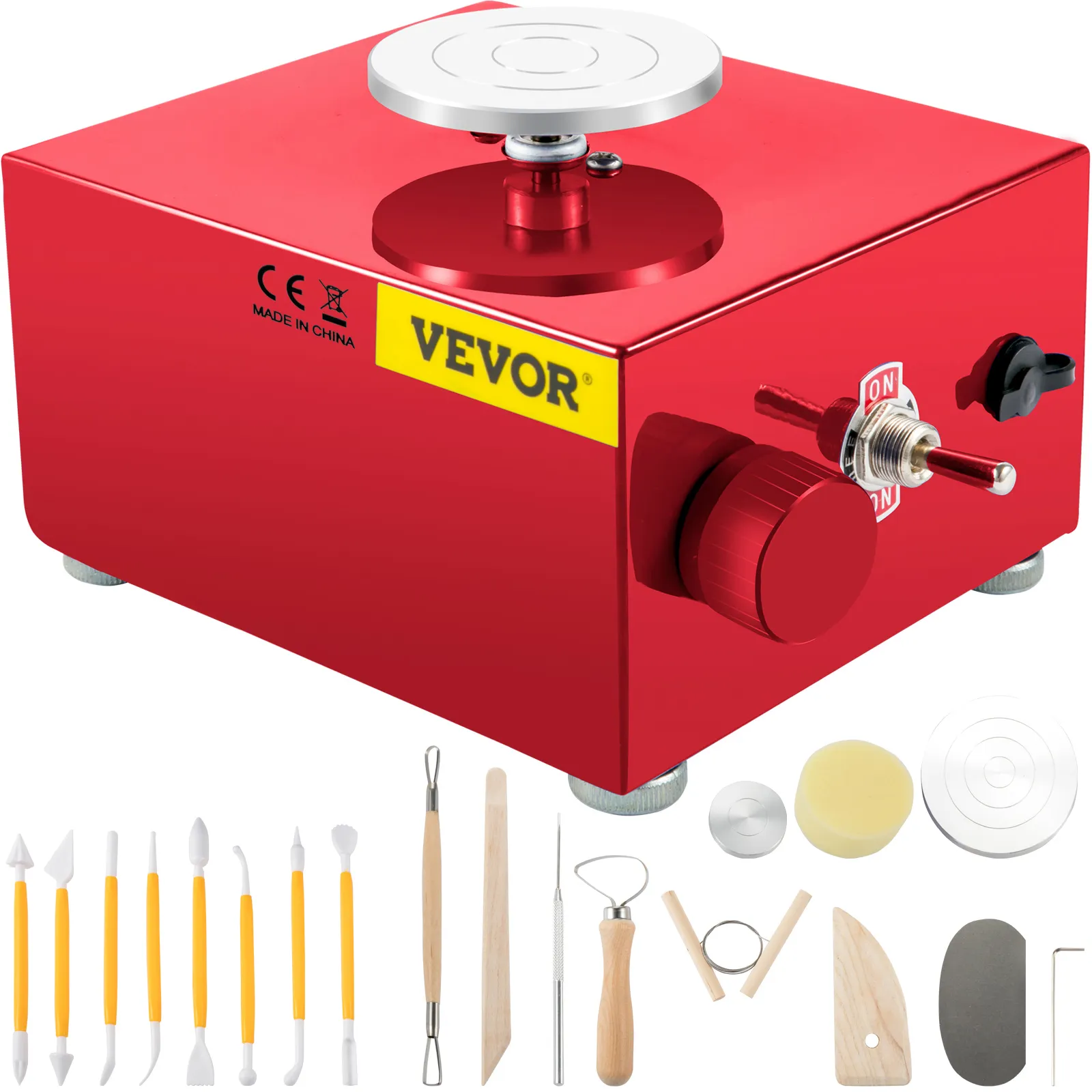 red VEVOR mini pottery wheel with assorted pottery tools and accessories set.
