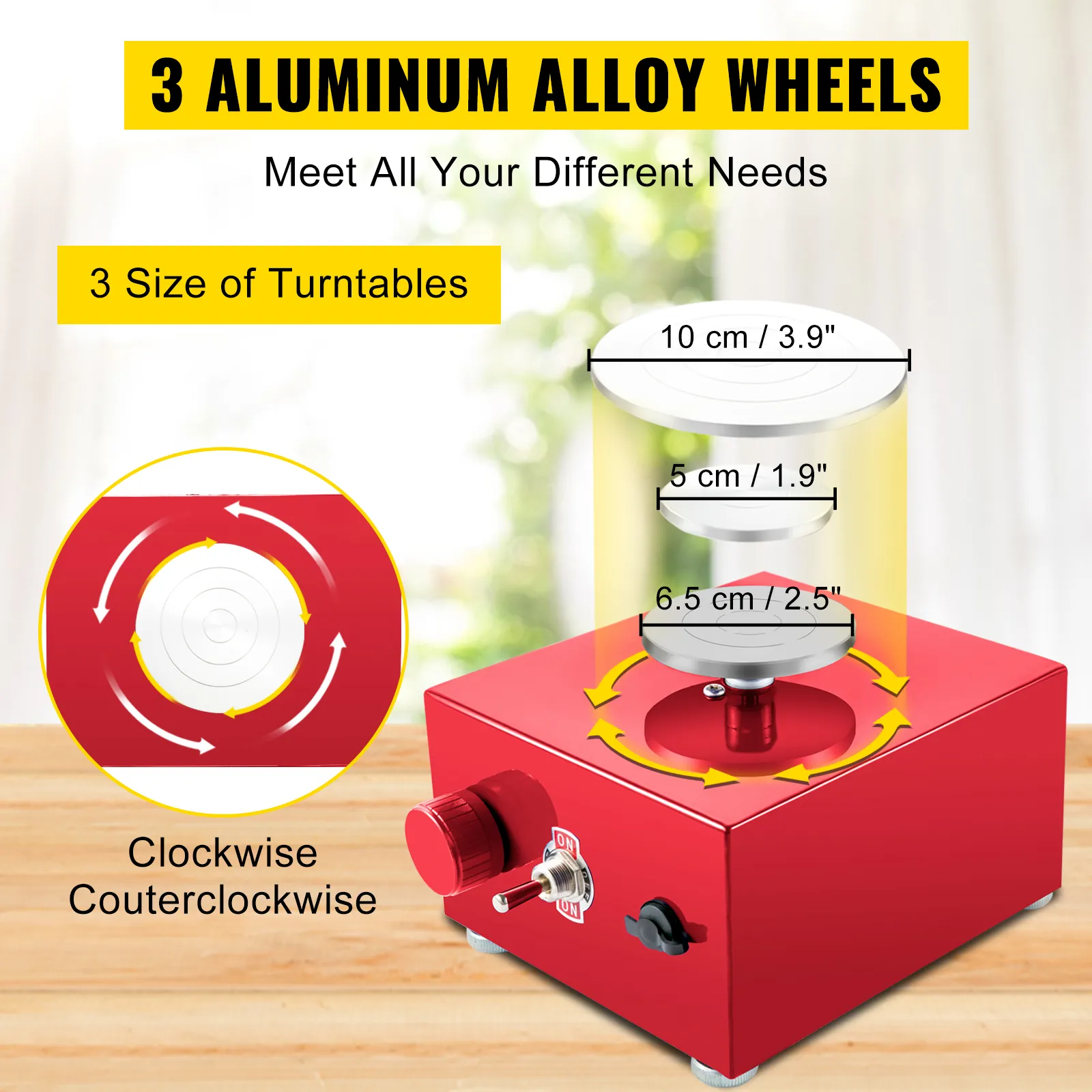 VEVOR mini pottery wheel with 3 aluminum alloy wheels and multiple turntable sizes.