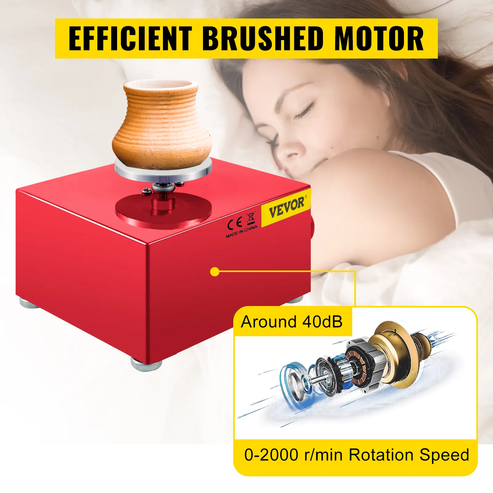 VEVOR mini pottery wheel with efficient brushed motor, around 40db, 0-2000 r/min rotation.