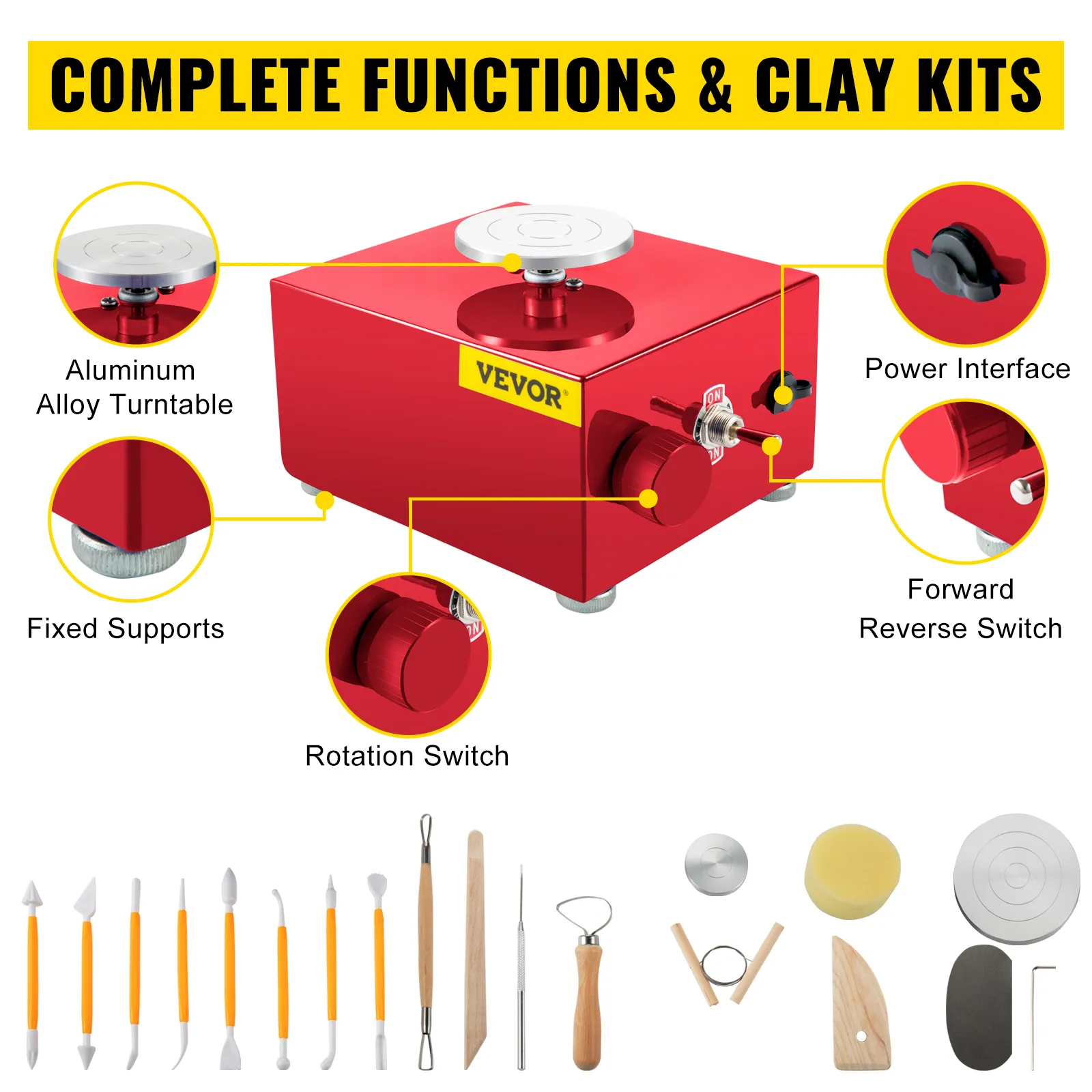 VEVOR mini pottery wheel with aluminum alloy turntable and clay tool kit.