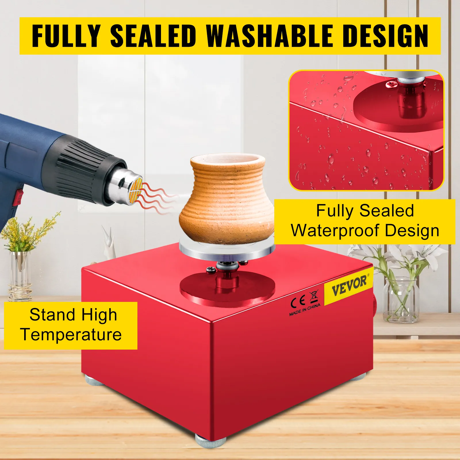 VEVOR mini pottery wheel with waterproof, heat-resistant red base. fully sealed washable design.