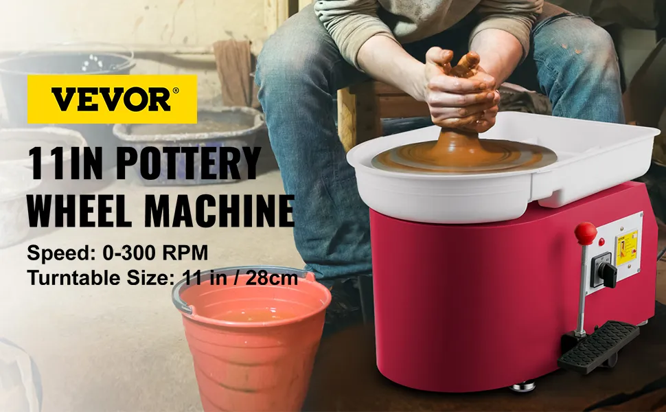 VEVOR pottery wheel in use, a red pottery wheel machine with wet clay being shaped.