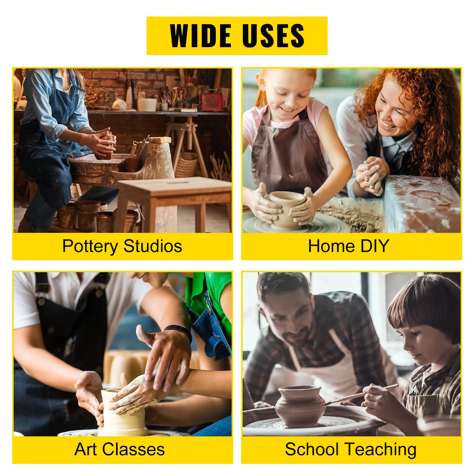VEVOR pottery wheel for studios, diy, art classes, and school teaching. wide uses displayed.