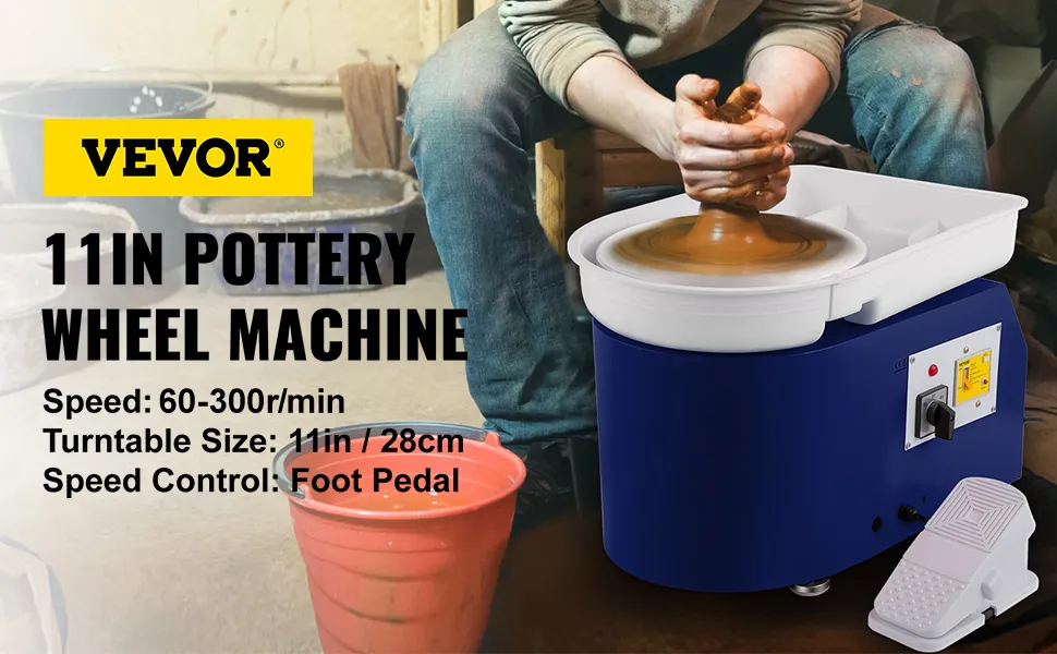 Persona que utiliza una máquina de torno de cerámica VEVOR con pedal y plato giratorio de 11 pulgadas.