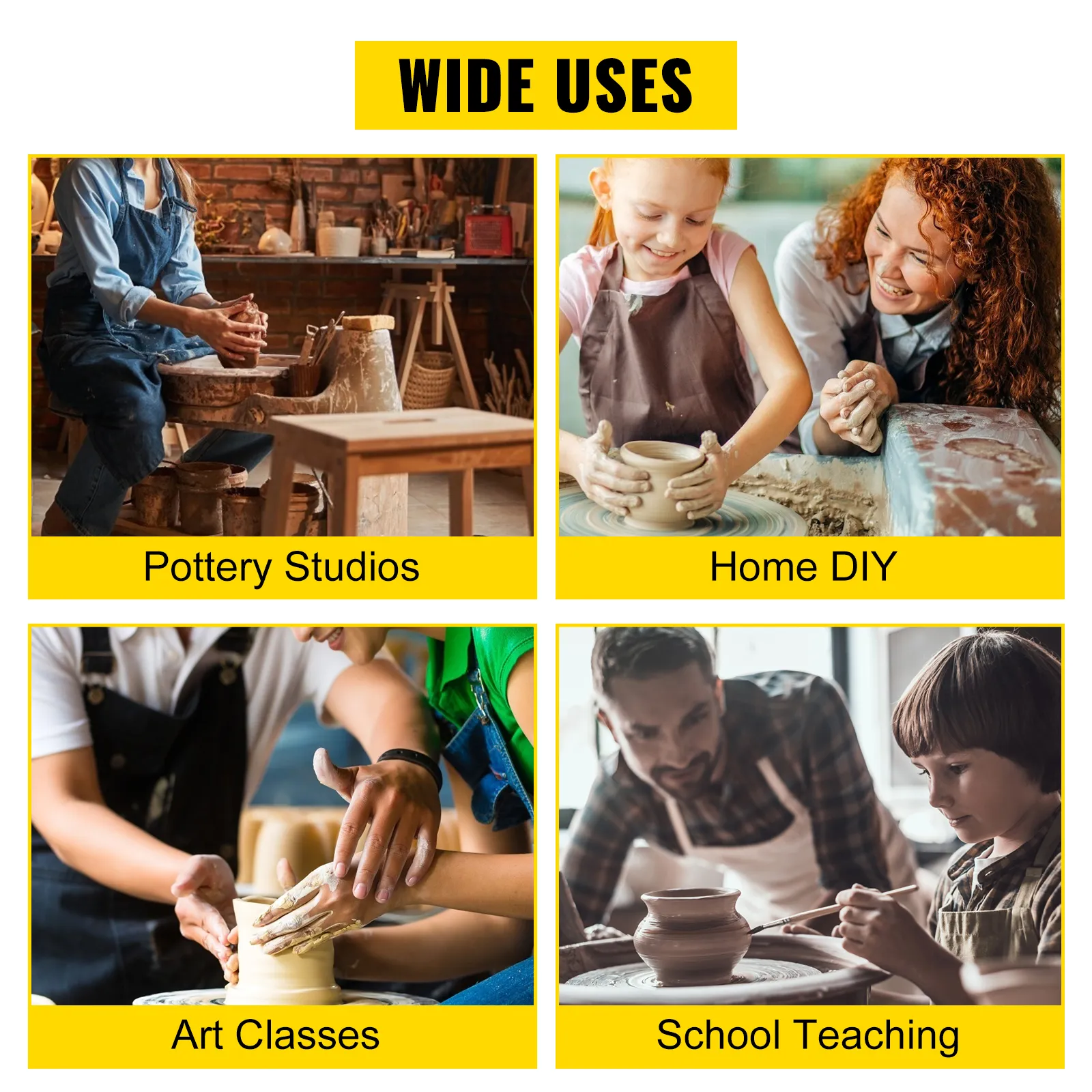 Amplios usos del torno de cerámica VEVOR en estudios, bricolaje doméstico, clases de arte y enseñanza escolar.