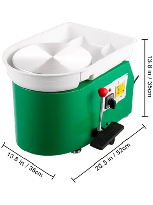Torno de cerámica VEVOR en color verde con dimensiones marcadas, pedal y panel de control.