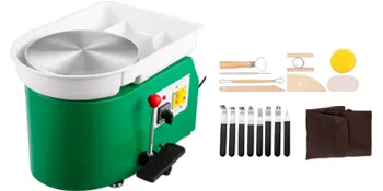 Torno de cerámica VEVOR verde con pedal y juego de herramientas de cerámica incluido.