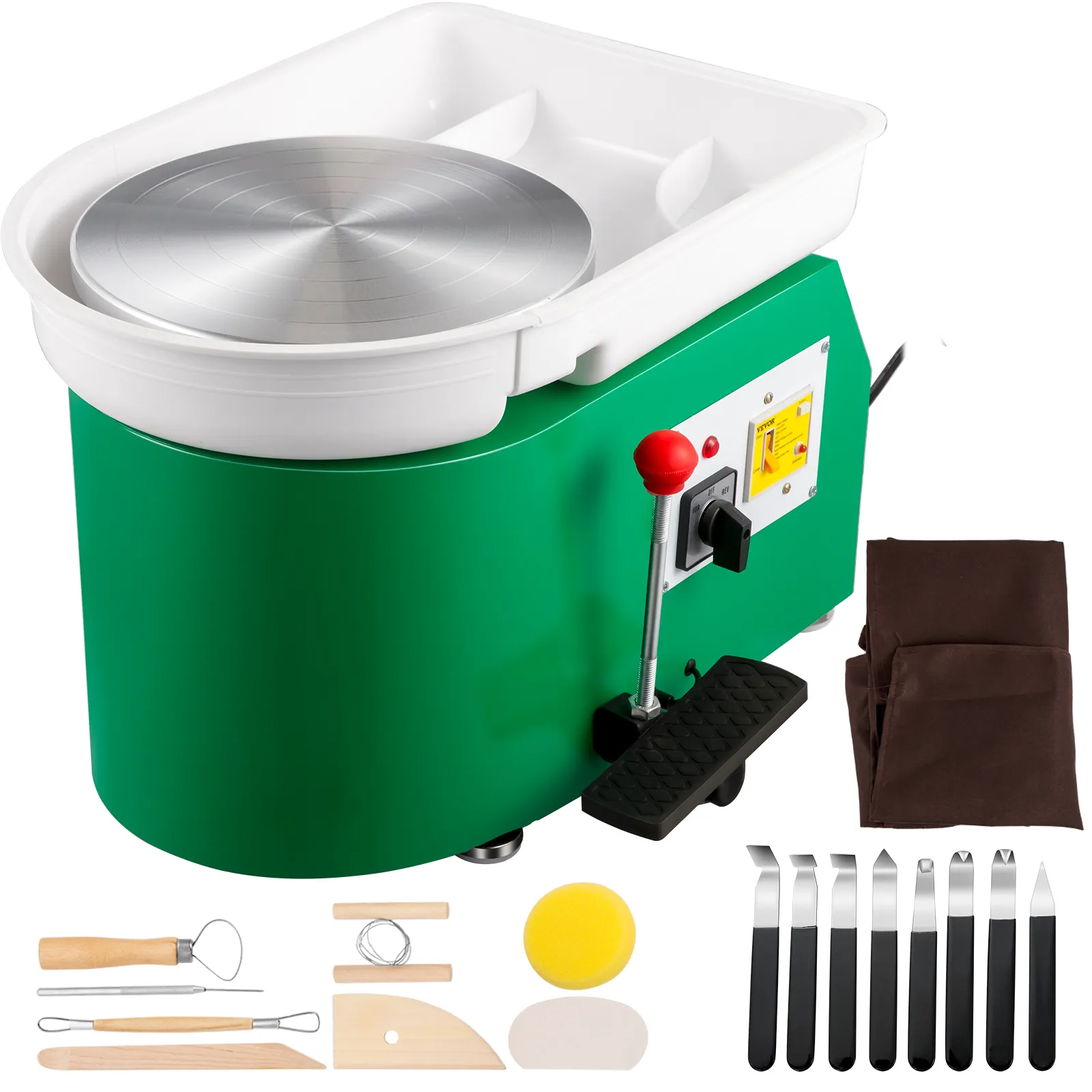 Torno de cerámica VEVOR verde con pedal, varias herramientas de modelado, esponja y paños.