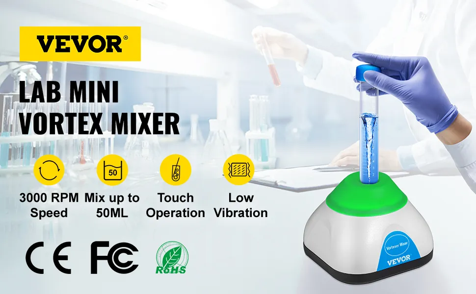 VEVOR vortex mixer with lab setting, touch operation, and low vibration features.