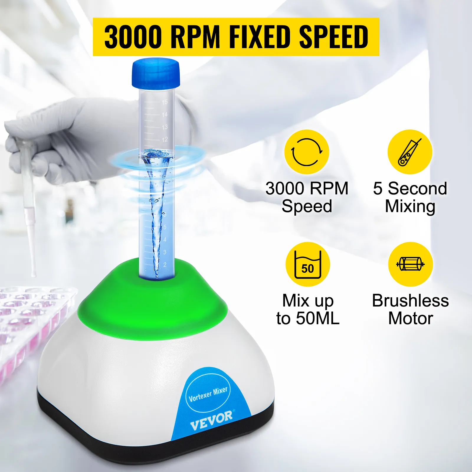 VEVOR vortex mixer with 3000 rpm fixed speed, 5-second mixing, and mix up to 50ml.