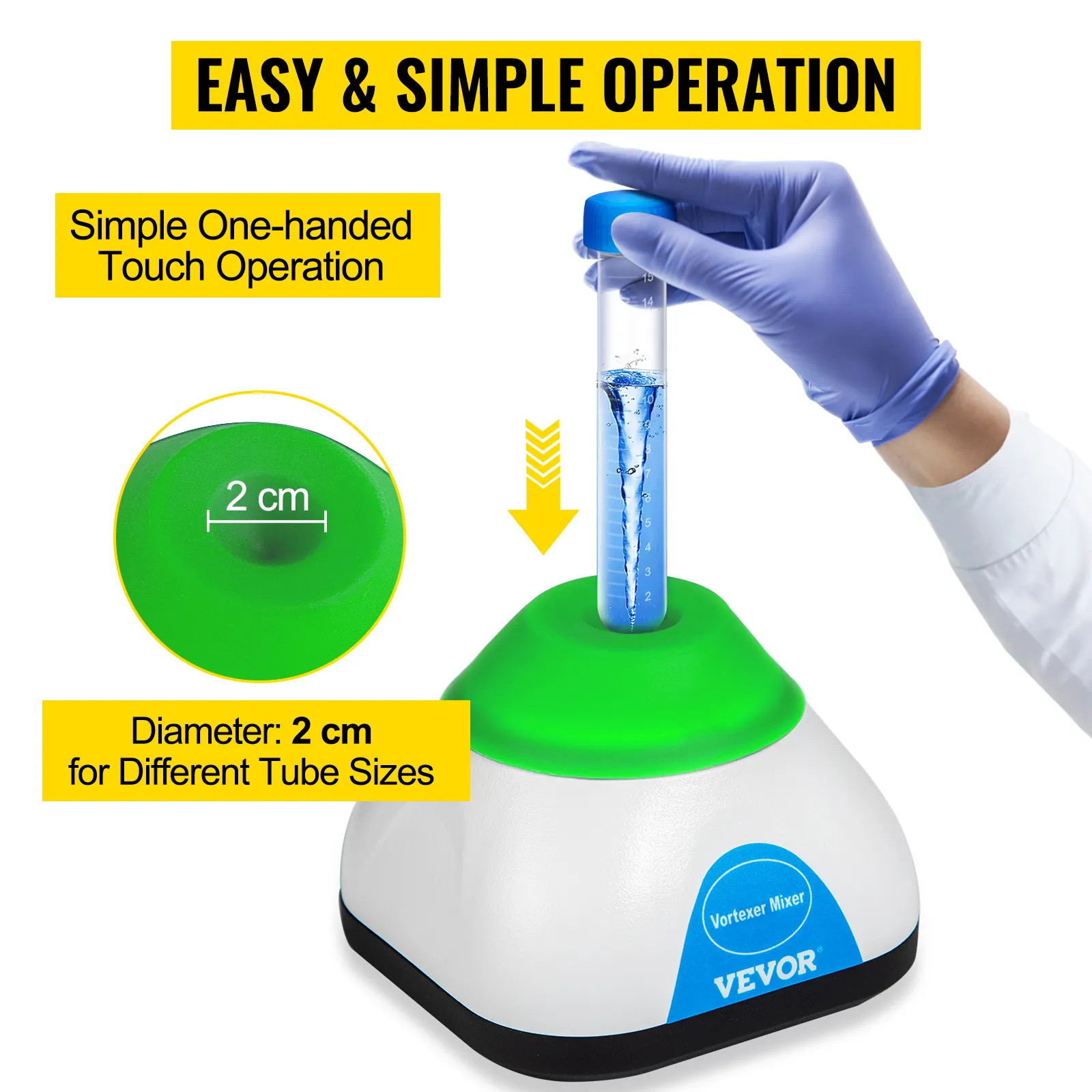 VEVOR vortex mixer with simple one-handed touch operation, 2 cm tube diameter.