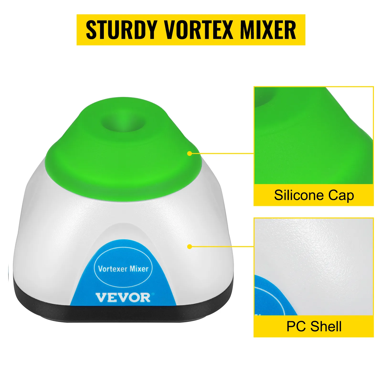 VEVOR vortex mixer with silicone cap and durable pc shell, labeled parts, sturdy design.
