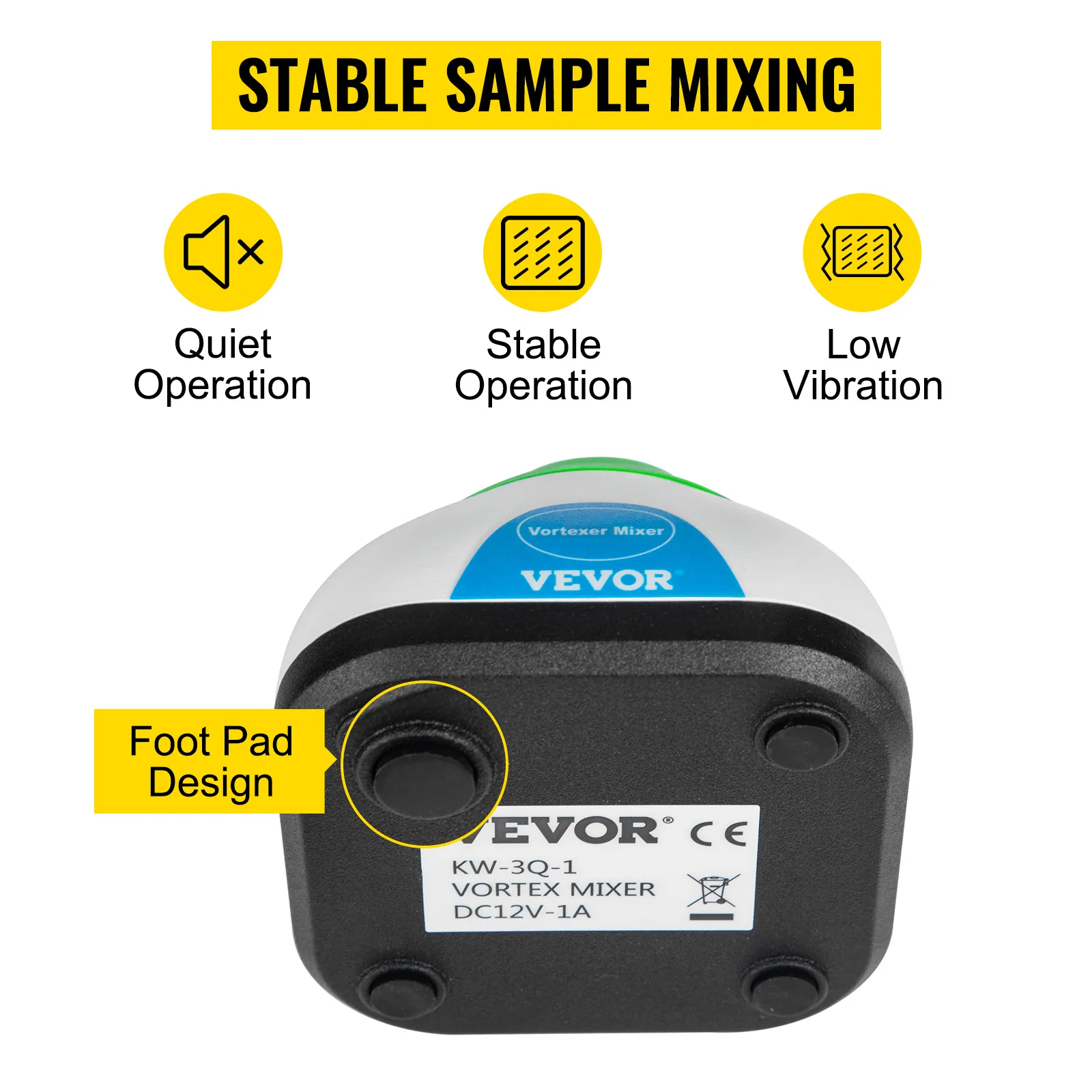 VEVOR vortex mixer with quiet, stable operation and low vibration, foot pad design.