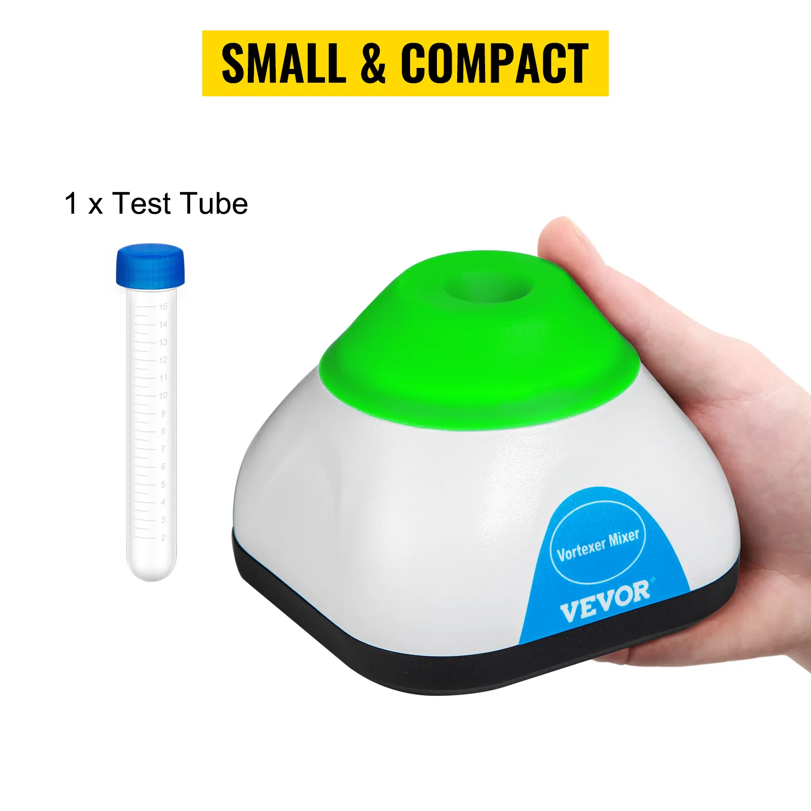 VEVOR vortex mixer in hand with green top and a test tube beside. small & compact.