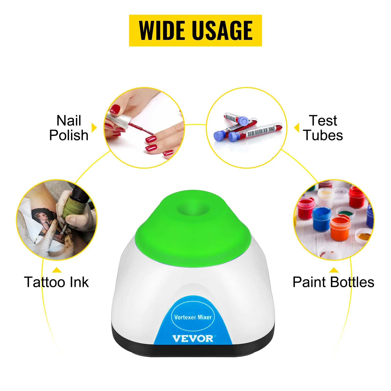 VEVOR vortex mixer wide usage for nail polish, test tubes, tattoo ink, and paint bottles.