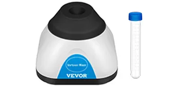 VEVOR vortex mixer with test tube, featuring a blue label and black top.