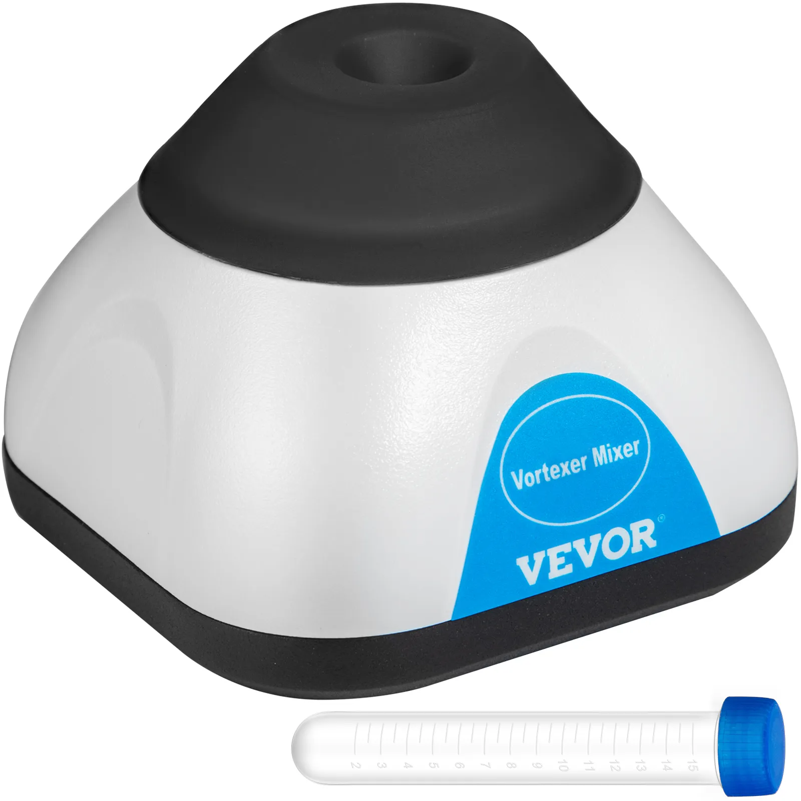 VEVOR vortex mixer with a black top, white body, and a test tube beside it.