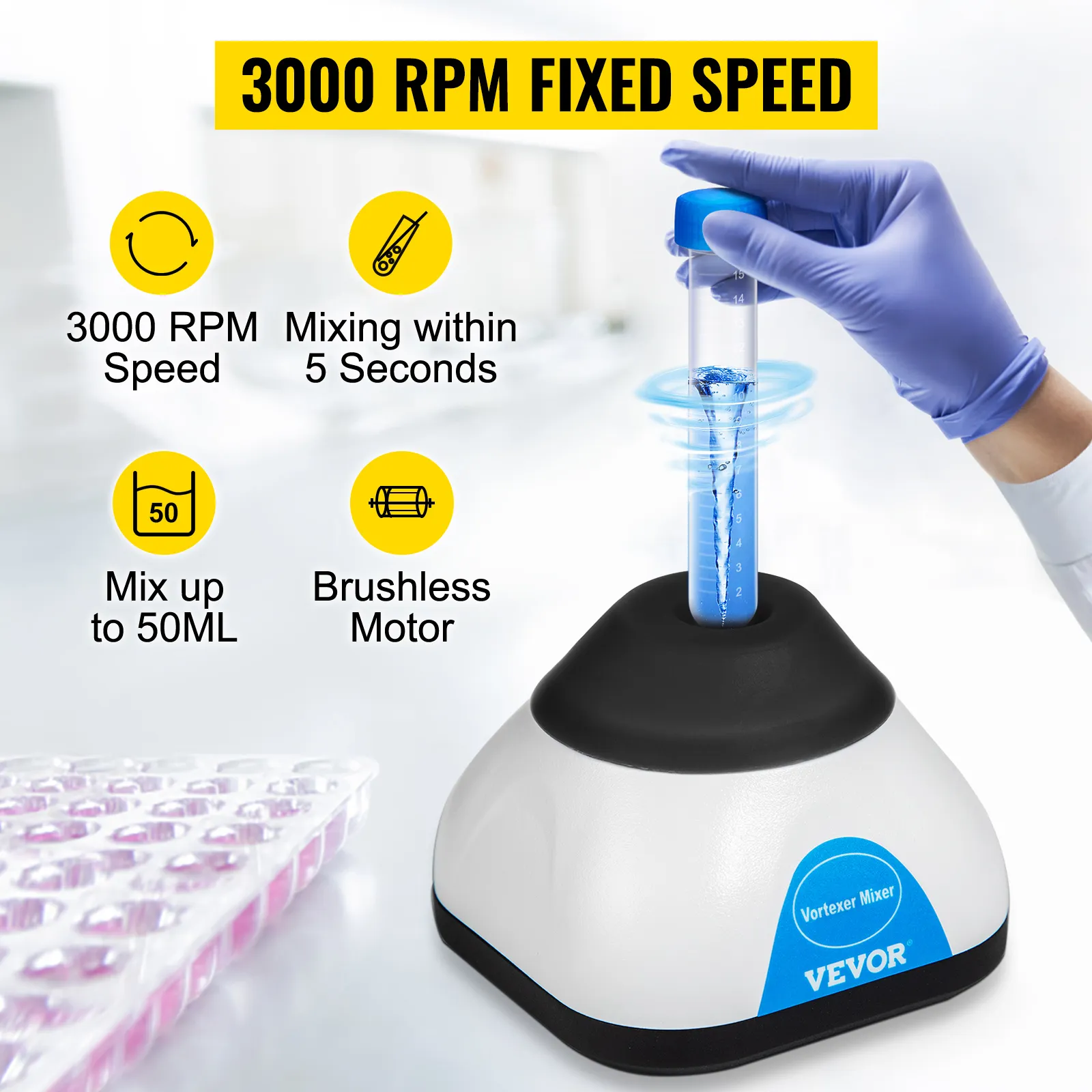 VEVOR vortex mixer with 3000 rpm speed, brushless motor, and up to 50ml mixing.