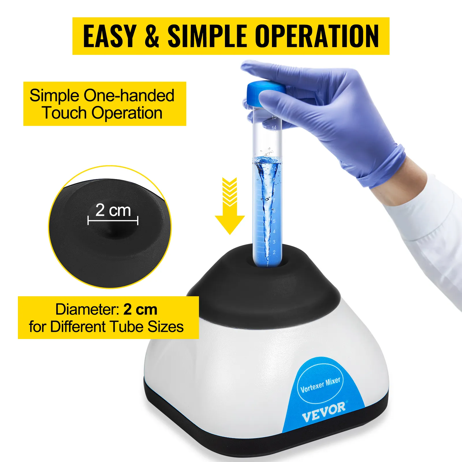 VEVOR vortex mixer with easy one-handed touch operation for 2 cm diameter tubes.