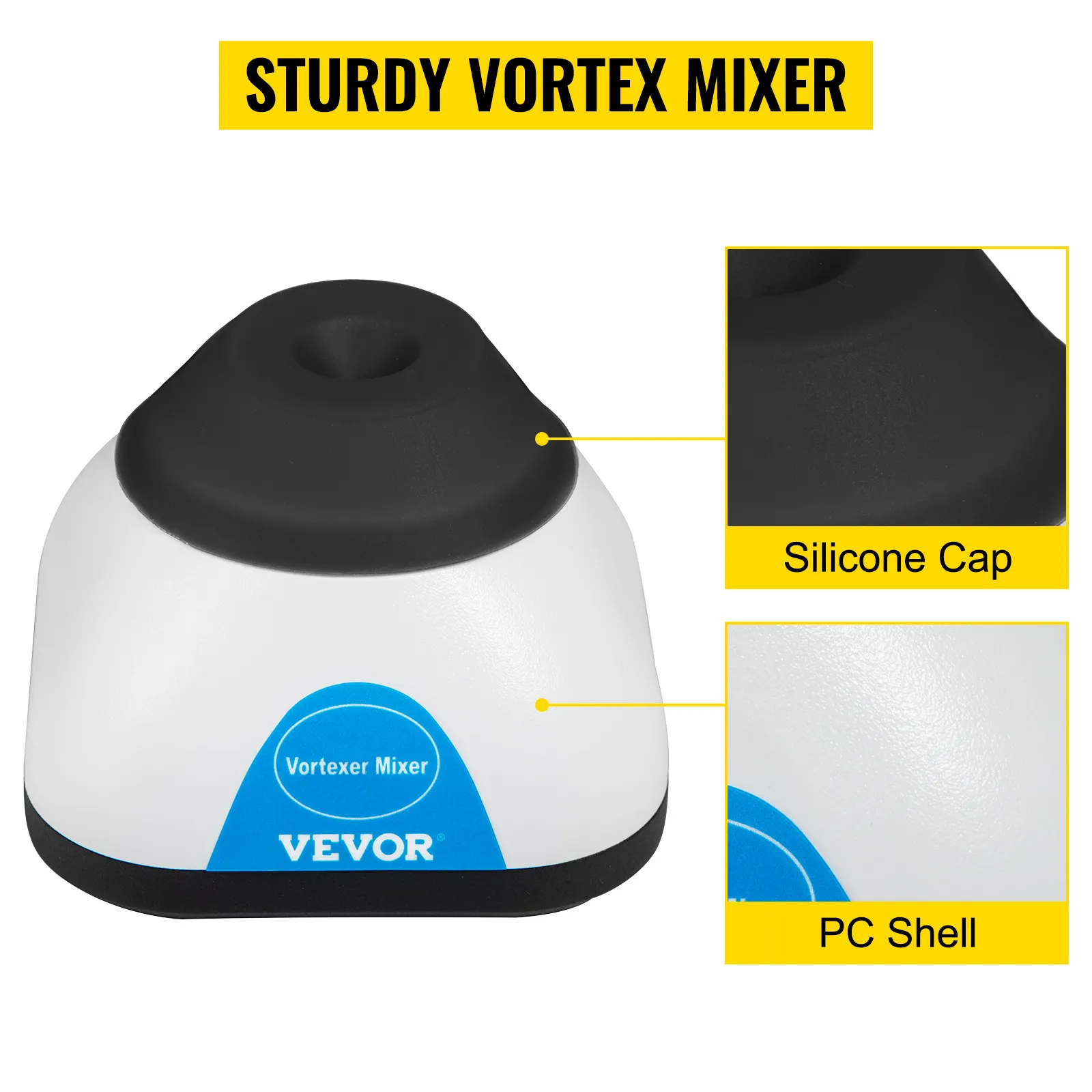 VEVOR vortex mixer with silicone cap and pc shell, sturdy lab equipment.