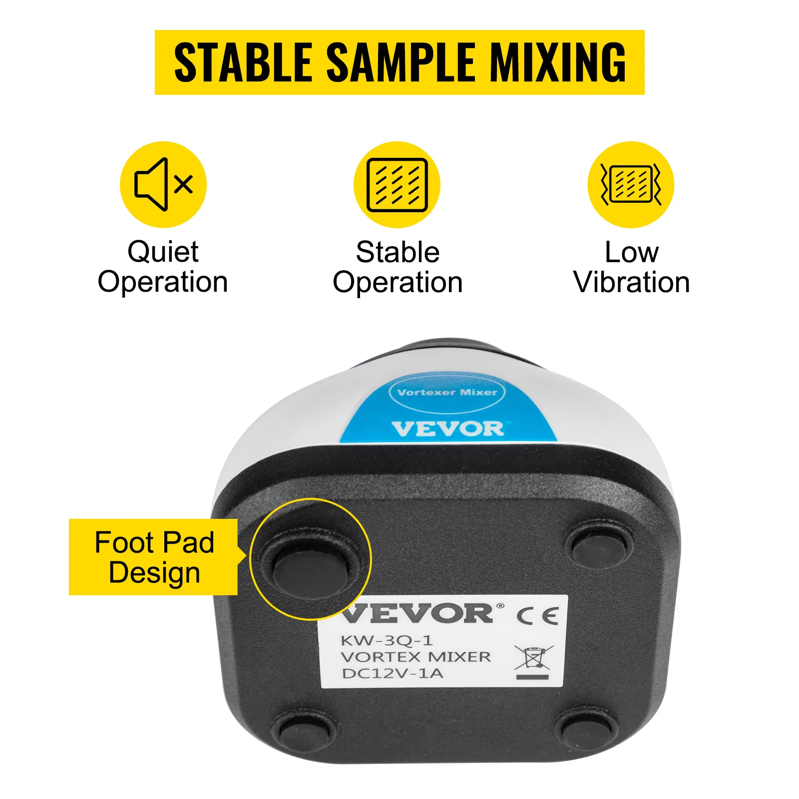 VEVOR vortex mixer showing quiet, stable operation and low vibration with foot pad design