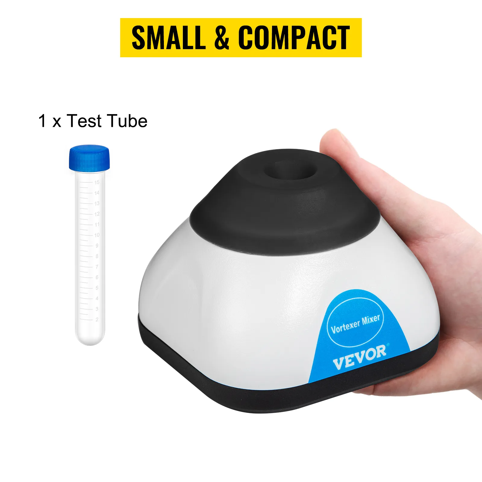 VEVOR vortex mixer held by hand with test tube beside. small & compact label.