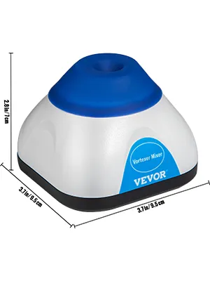 Mezclador de vórtice VEVOR con tapa azul, dimensiones mostradas: 3,1 pulgadas x 2,8 pulgadas.