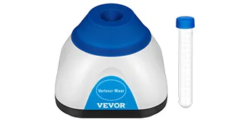 Mezclador de vórtice VEVOR con tapa azul, junto a un tubo de ensayo de plástico transparente.