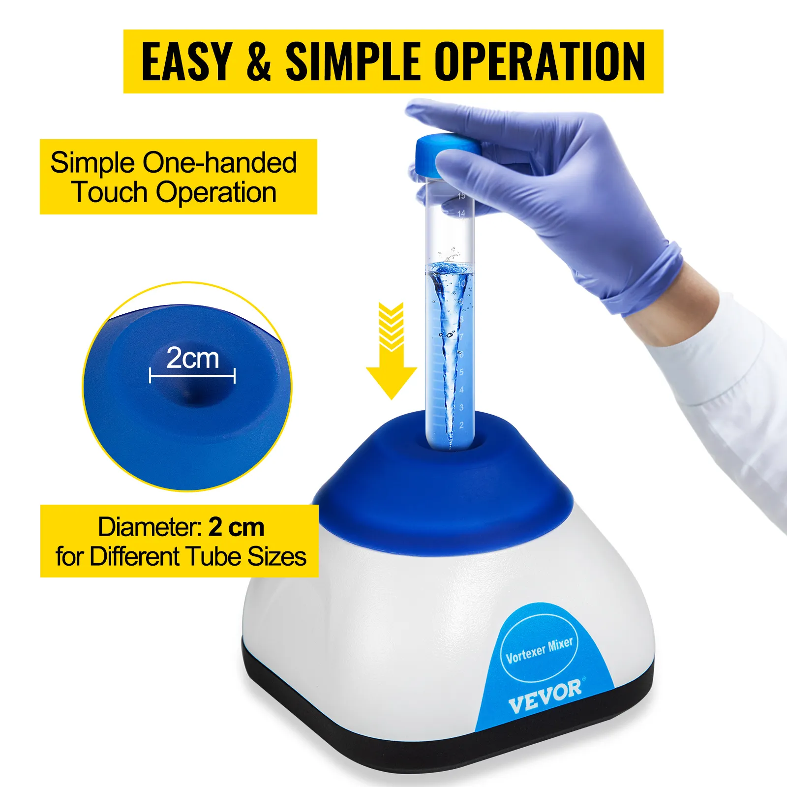 Mezclador vórtex VEVOR con manejo sencillo con una sola mano y tubo de 2 cm de diámetro.