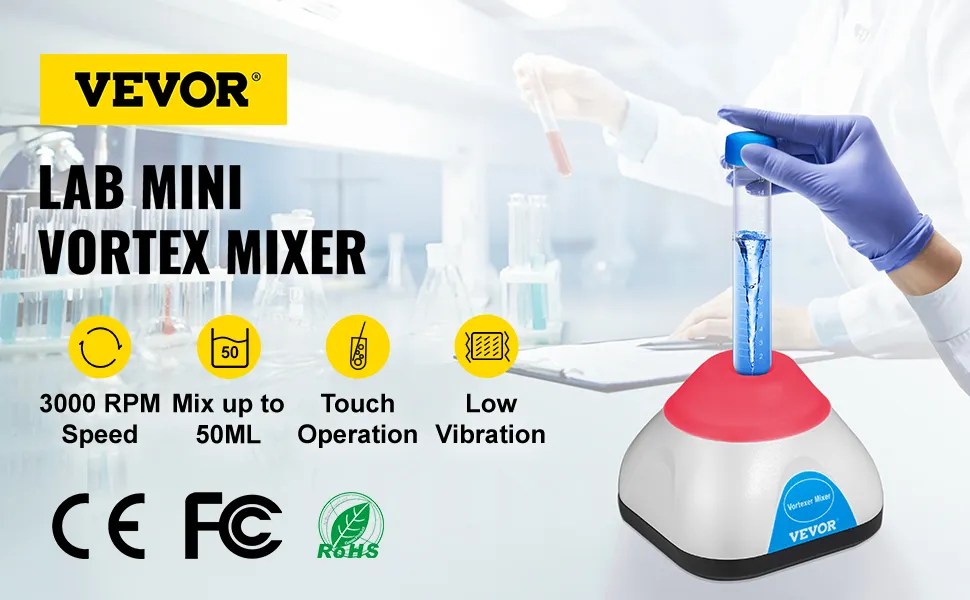 VEVOR vortex mixer, 3000 rpm, 50ml capacity, touch operation, low vibration.