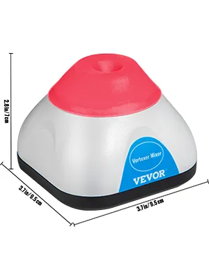 VEVOR vortex mixer, compact design with red top and product dimensions in inches and cm.