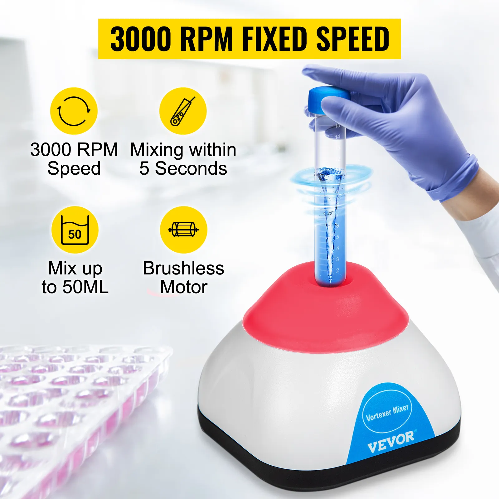 VEVOR vortex mixer with 3000 rpm speed, 50ml capacity, brushless motor, and 5-second mixing.