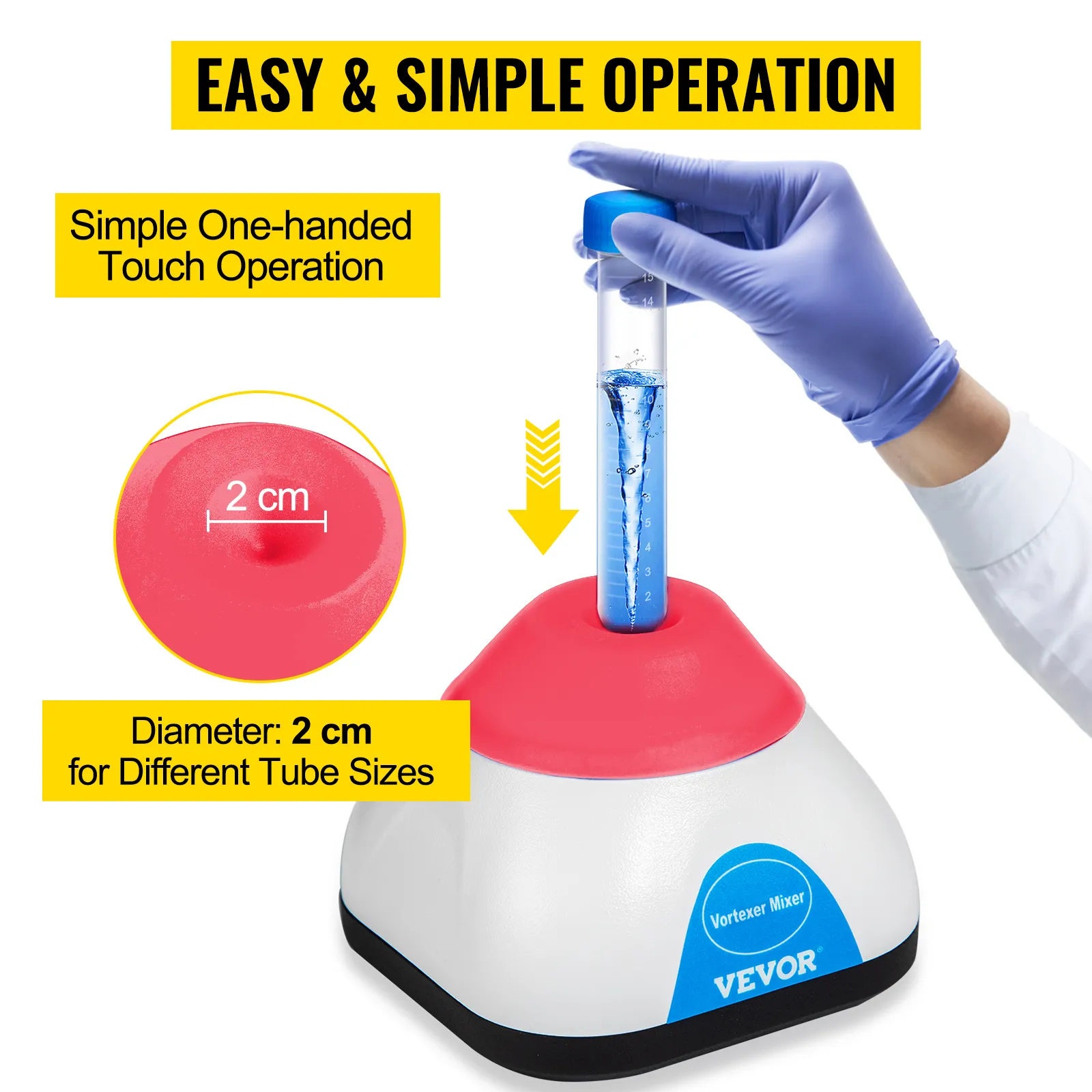 VEVOR vortex mixer with easy, one-handed touch operation and 2 cm diameter holder.