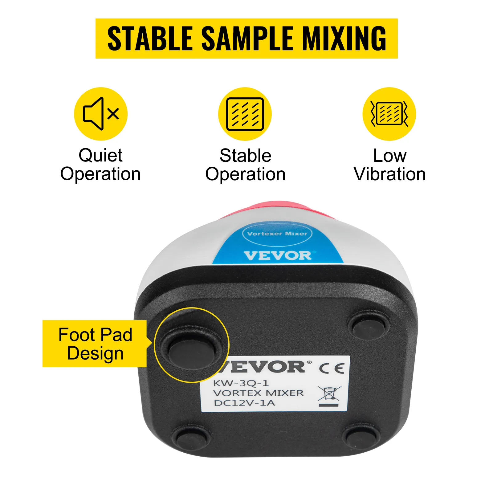 VEVOR vortex mixer with quiet, stable operation and low vibration. foot pad design.