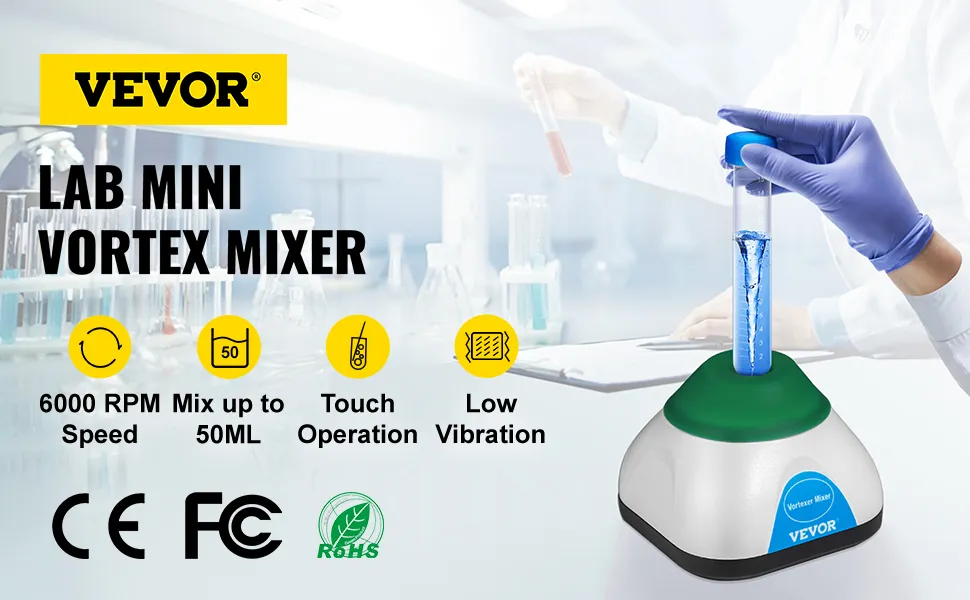 VEVOR lab mini vortex mixer with 6000 rpm and touch operation in a lab setting.