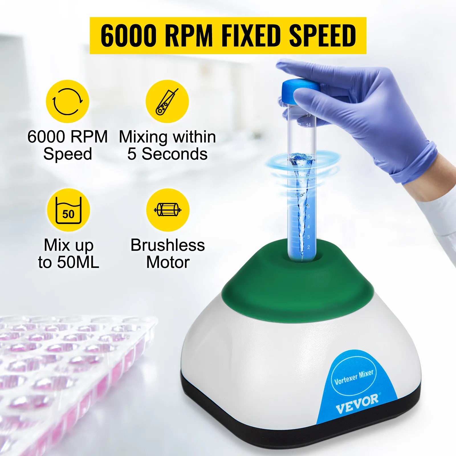 VEVOR vortex mixer with 6000 rpm fixed speed, 50ml capacity, brushless motor.