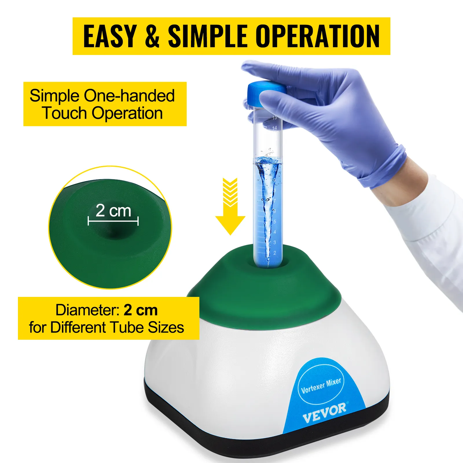 VEVOR vortex mixer with 2 cm diameter for easy, one-handed touch operation.