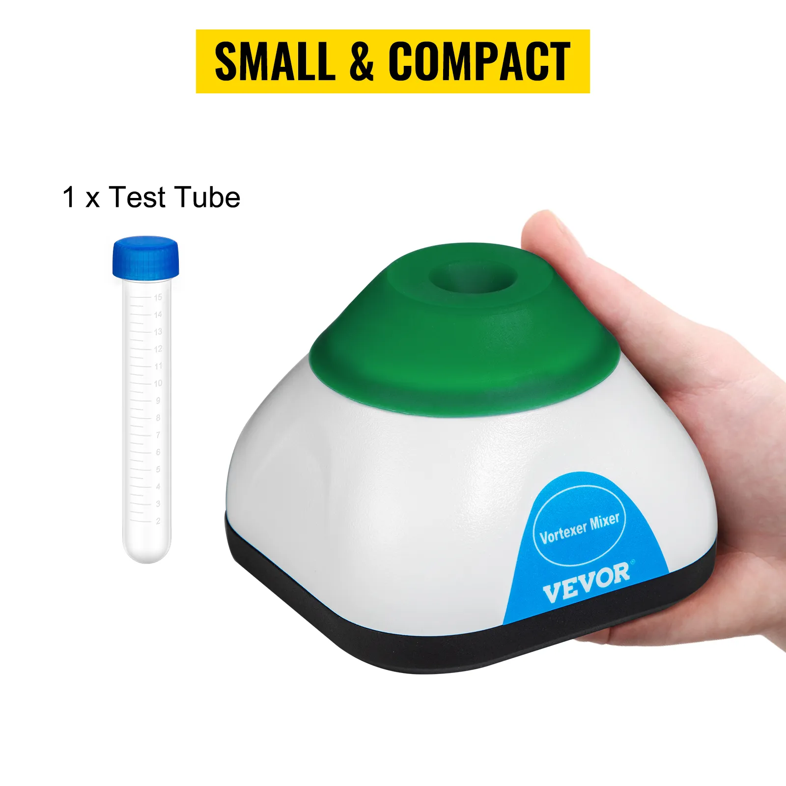VEVOR vortex mixer, small and compact, with test tube and hand holding the device.
