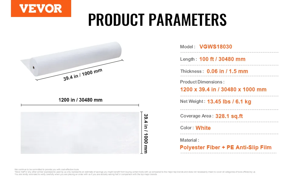 VEVOR carpet protection film, vgws18030 model, 100ft length, white, 0.06 in thickness, covers 328.1 sq.ft.