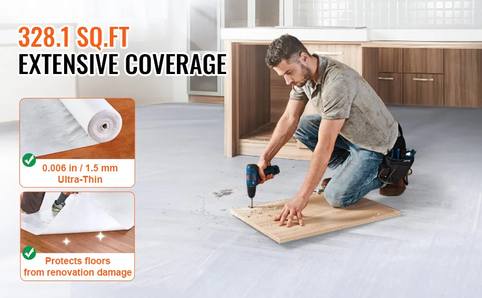 worker installing flooring with VEVOR carpet protection film, showcasing 328.1 sq.ft coverage and ultra-thin layer.