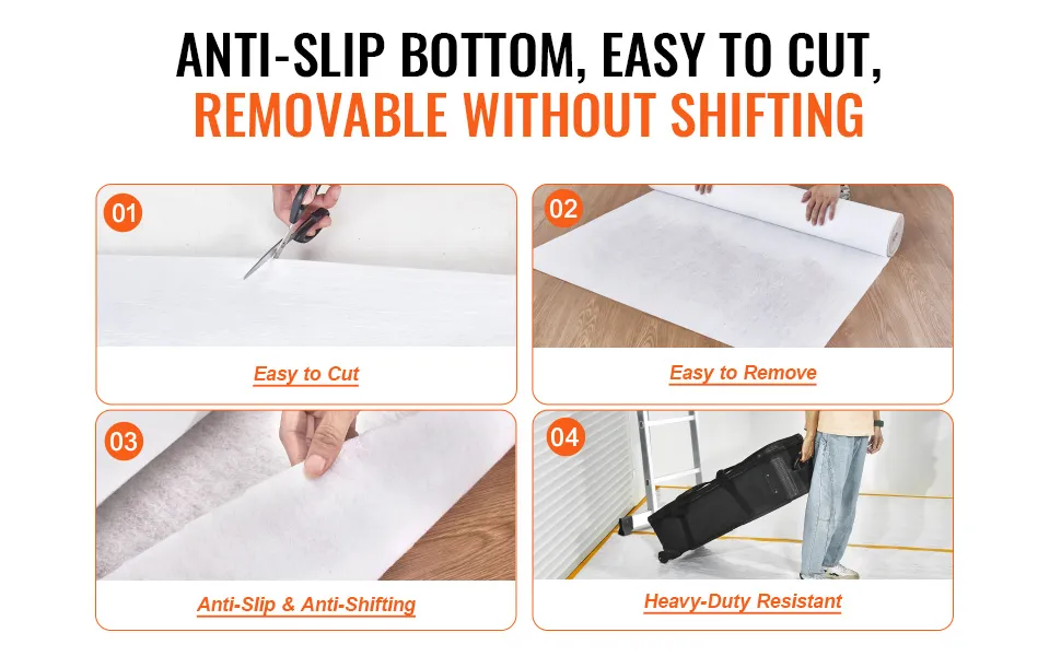VEVOR carpet protection film: easy to cut, remove, anti-slip, and heavy-duty resistant.