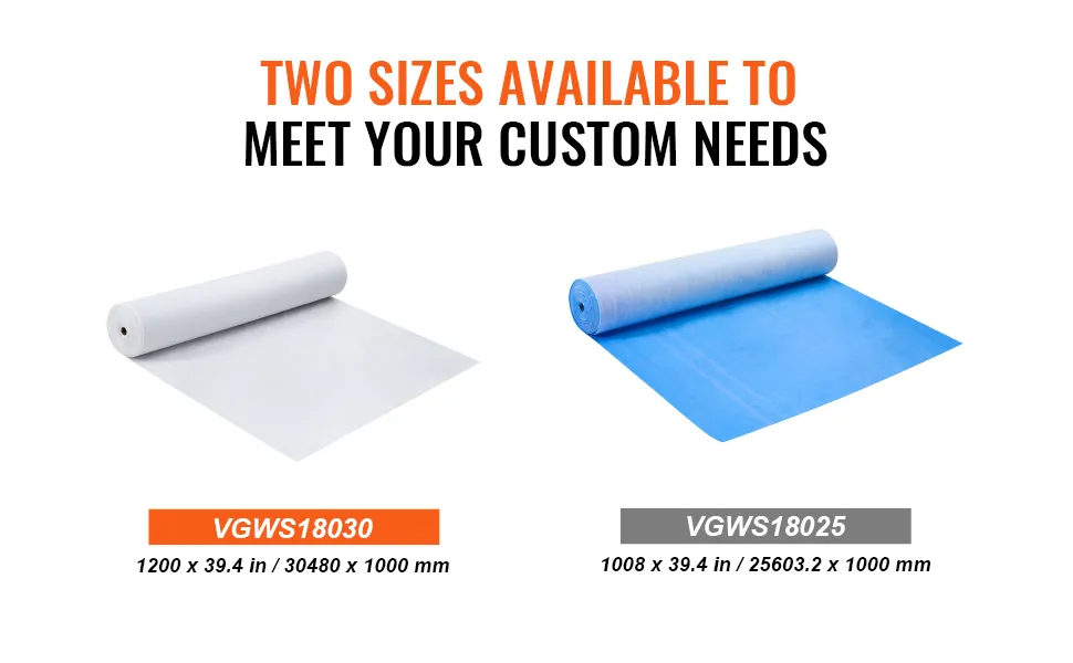 two rolls of VEVOR carpet protection film in white and blue, available in vgws18030 and vgws18025 sizes.