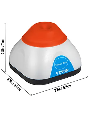Mezclador de vórtice VEVOR con tapa roja y dimensiones etiquetadas 2,8 pulgadas x 3,7 pulgadas x 3,7 pulgadas.