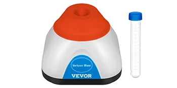Mezclador vórtice VEVOR con tapa roja y tubo de laboratorio azul.