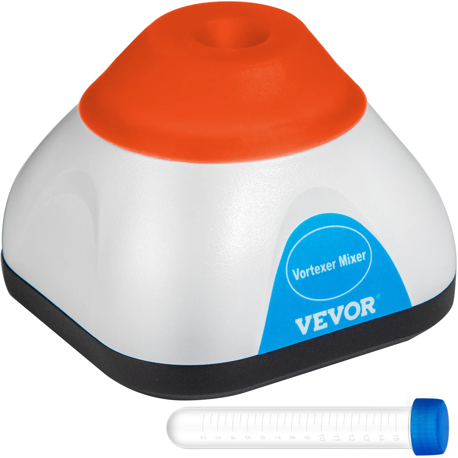 Mezclador de vórtice VEVOR con tapa naranja y base con etiqueta azul, junto a un tubo de ensayo transparente.