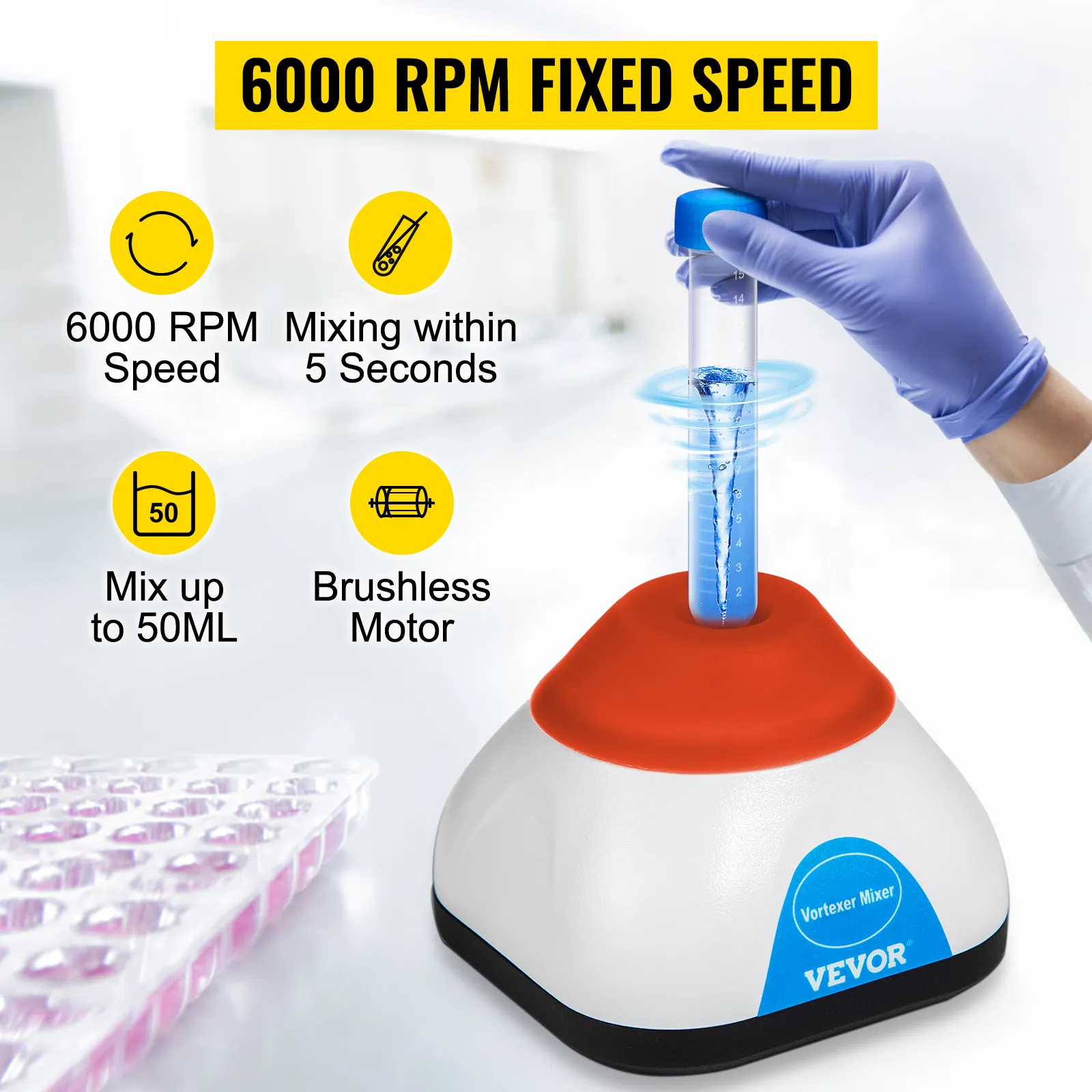 Mezclador de vórtice VEVOR con velocidad de 6000 rpm, mezclando un líquido azul en un tubo de ensayo.