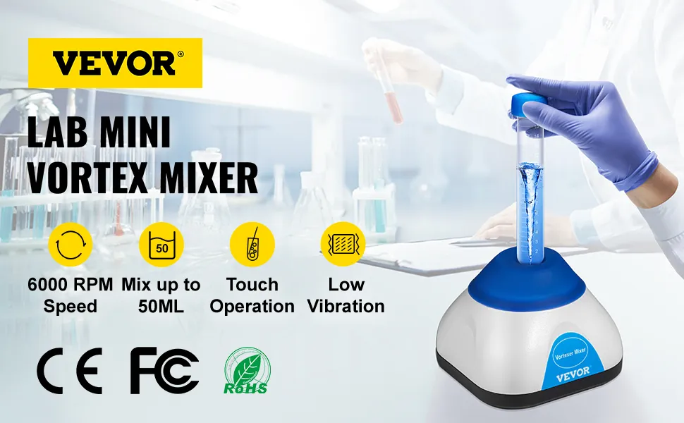 VEVOR vortex mixer, 6000 rpm speed, touch operation, low vibration, lab use.