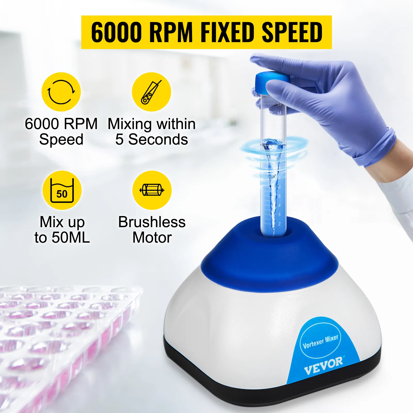 VEVOR vortex mixer with 6000 rpm speed, mixing within 5 seconds, up to 50ml capacity